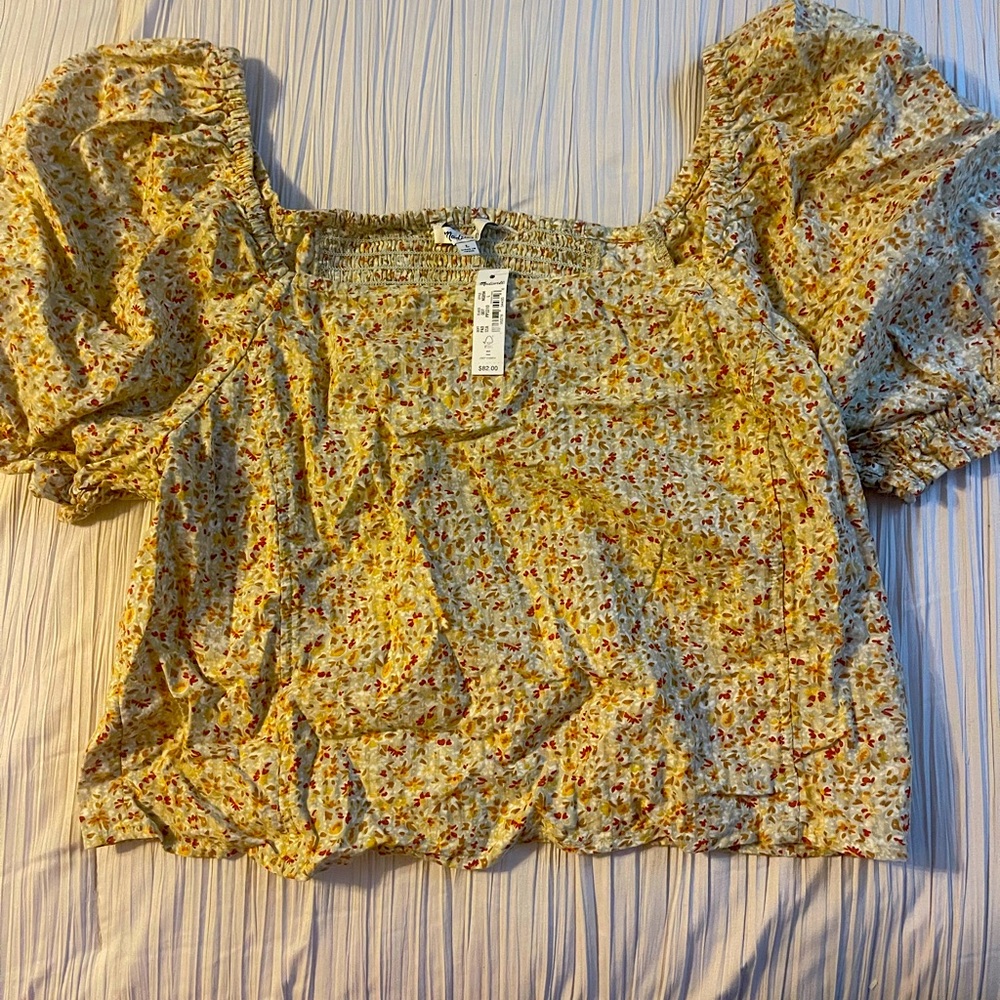 Madewell tan floral crop top elastic puffy sleeves size large new with tags‎